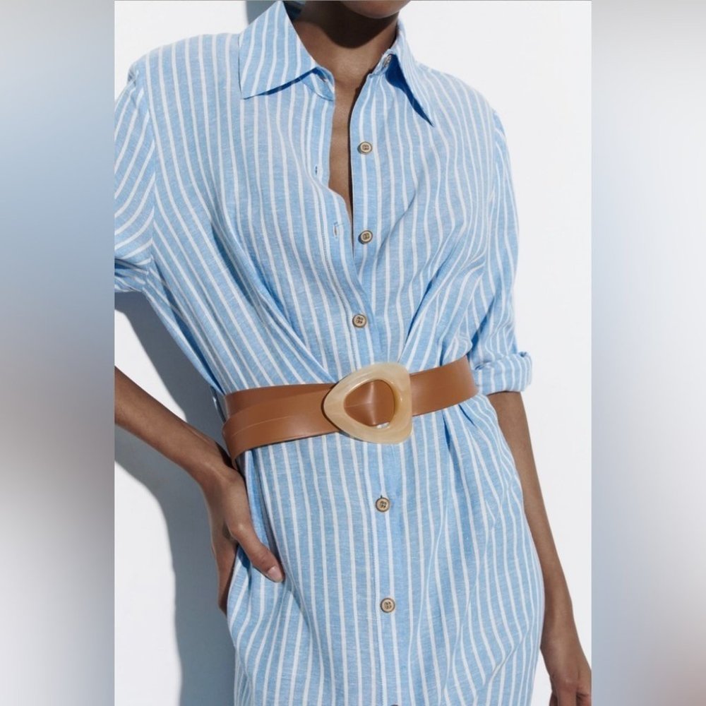 Zara Blue Stripe Linen Blend  Button Up Shirt Dress | size XS - Picture 6 of 13
